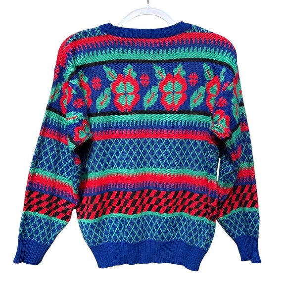Vintage Heidi V-Neck Knit Sweater Floral & Geometric Patterns Korea M Acrylic - Picture 2 of 7